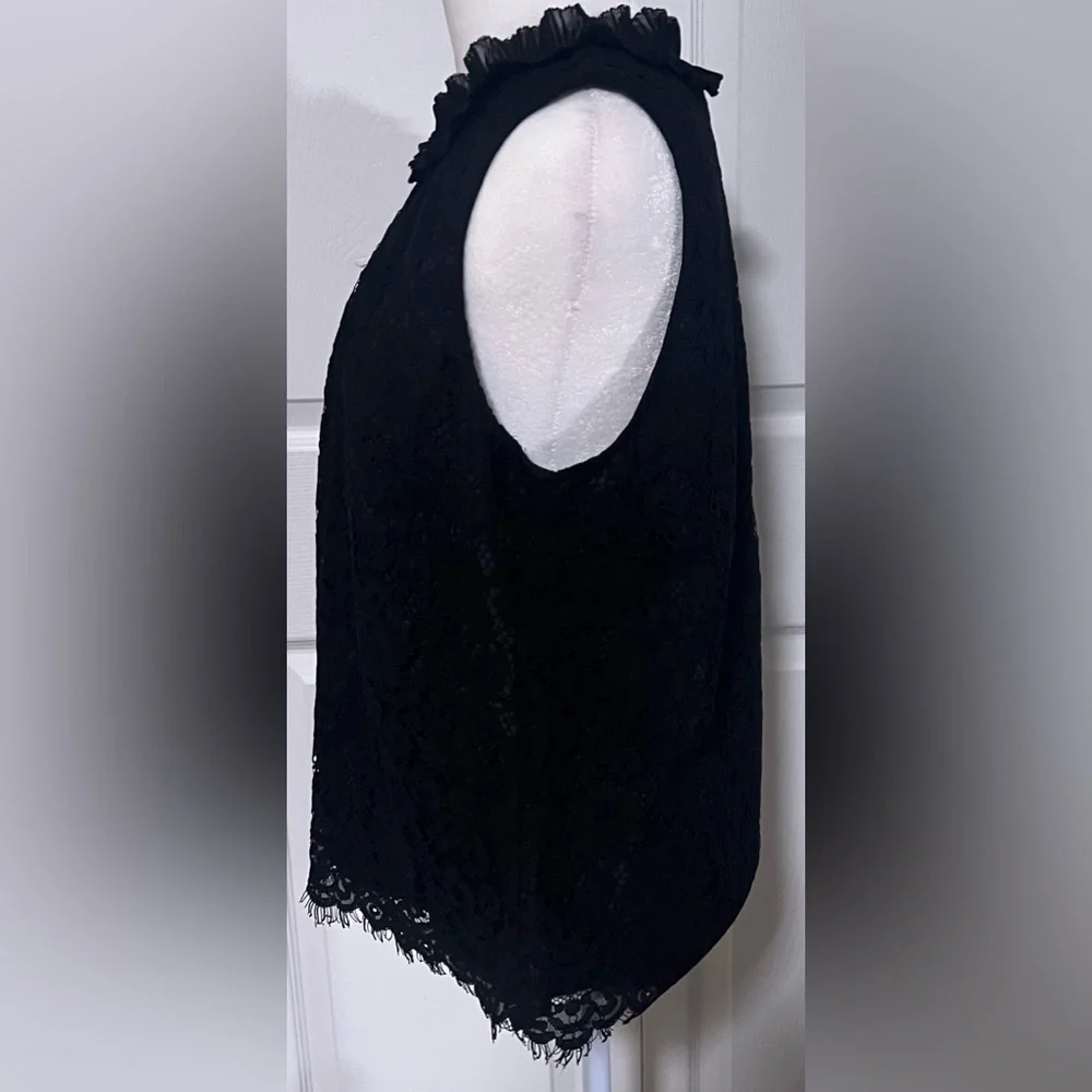 Women's J. Crew Black Lace Floral Ruffle Neck Sleeveless Blouse
